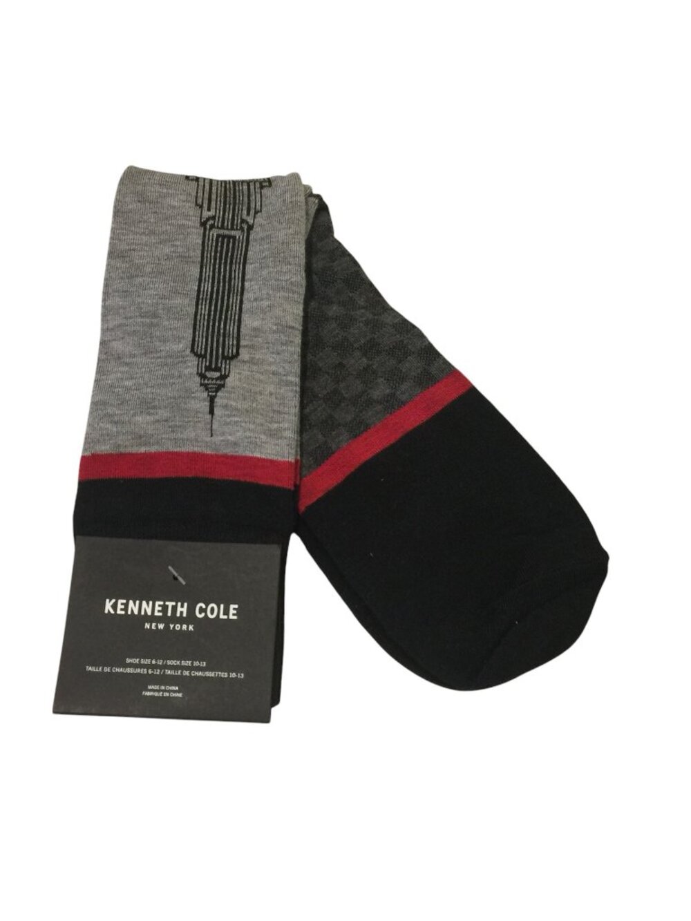 Kenneth Cole New York Mens Crew Socks Size 6-12 Skyscraper Black Gray Red